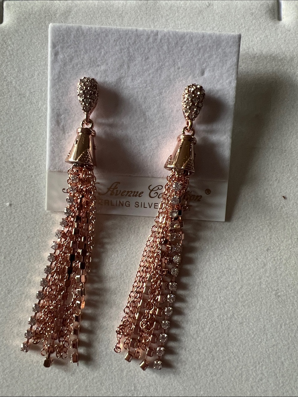Rose Gold Tassel Earrings with Crystal-Studded Tops